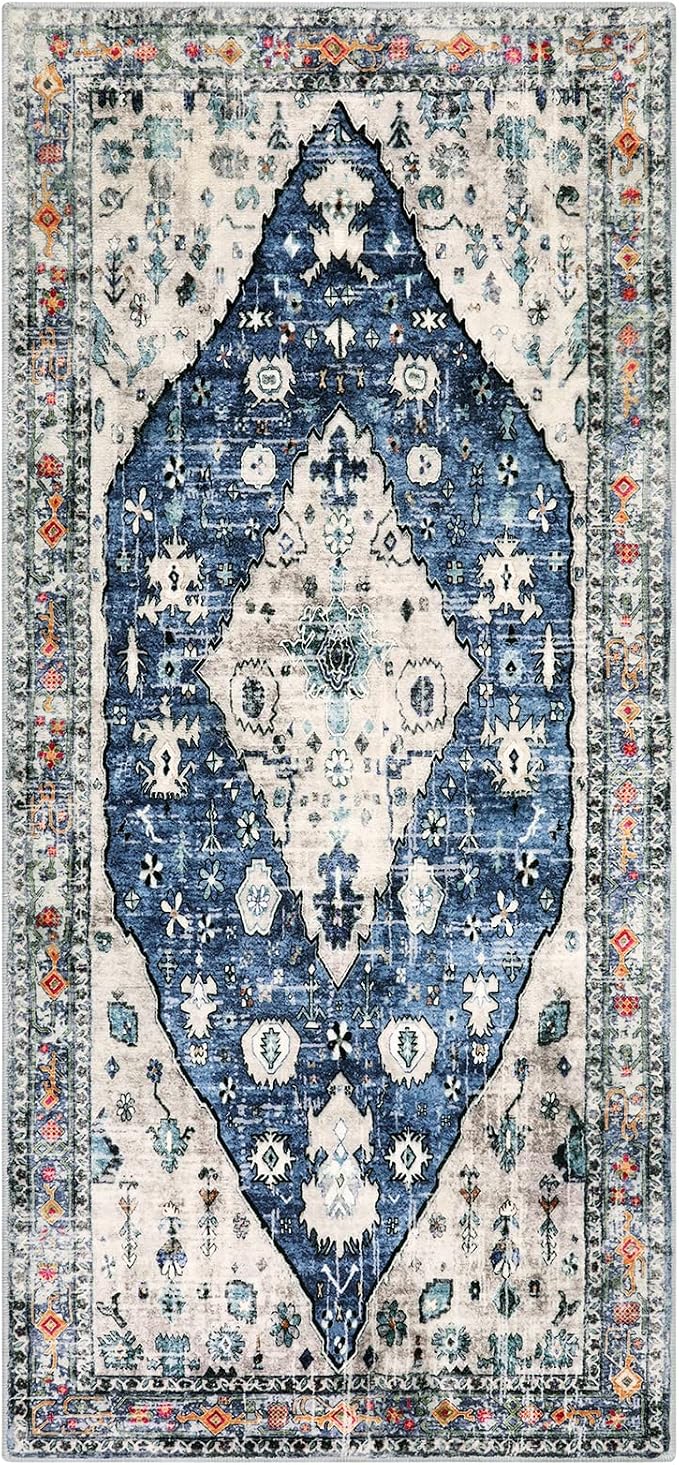 Lahome Felice Boho Tribal Runner Rug, 2x4.3 Blue Hallway Runners Rug Small Bathroom Rugs, Oriental Soft Machine Washable Non Slip Bedside Carpet Runner for Bedroom Entrance Kitchen Laundry