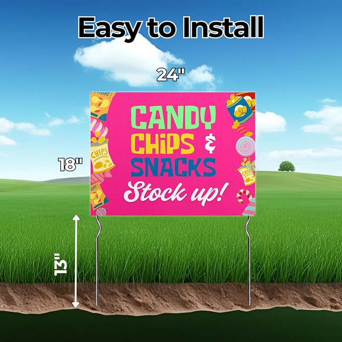 Candy, Chips & Snacks - Stock Up! Yard Sign by DC | 24"x18" Double Sided Conv. Store Garden Sign with 13” Metal Stakes | Outdoor Signs Waterproof for Lawn, Patio, Sidewalk & House | Set of 1