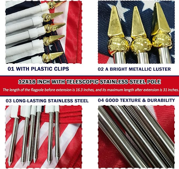 6 Pcs 250th Anniversary American Flags on Stick 12x18 Inch, 1776-2026 US Handheld Flag with Telescopic Stainless Steel Pole, Small USA Stick Flag Perfect for 4th of July Patriotic Decorations
