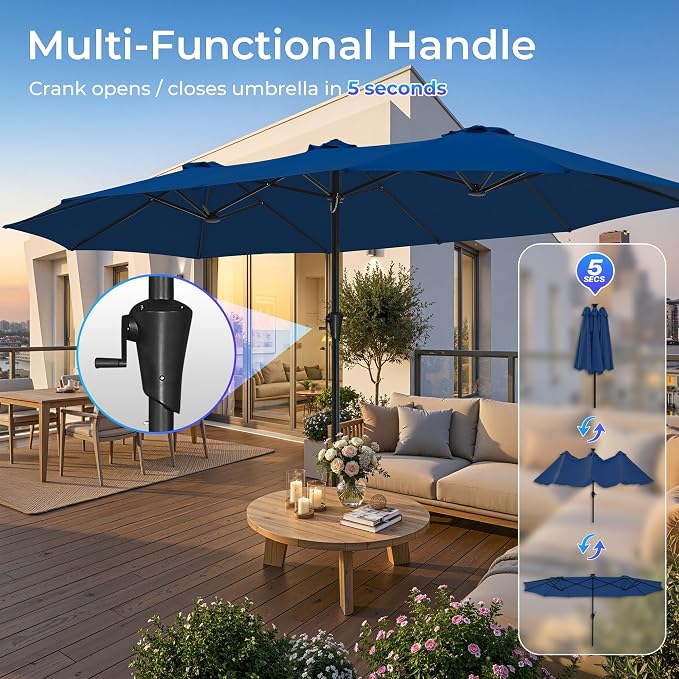 SUPERJARE 15FT Outdoor Umbrella for Patio, Double sided Pool Umbrellas with Fade Resistant Canopy, Large Table Umbrella for Deck, Market, Backyard - Navy Blue(No Base)