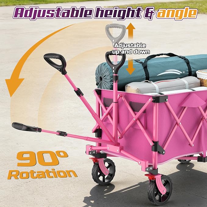 Wagons Carts Foldable,Collapsible Wagon with Wheels,450LBS Heavy Duty Beach Wagon Cart,Lightweight Portable Folding Utility Wagon Cart with Cup Holders for Camping, Garden, Sports, Grocery pcs (Pink)
