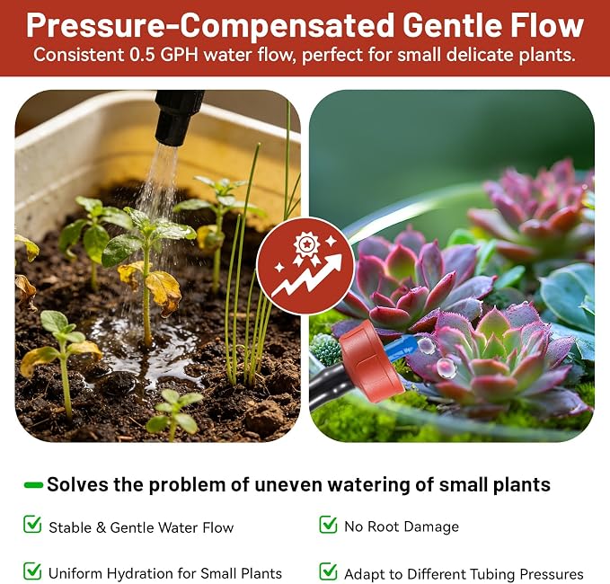 50 PCS 0.5 GPH Pressure Compensating Drip Irrigation Spot Watering Dripper, Gentle Flow Anti-Clog Drip Irrigation Emitters Heads Irrigation Drippers Parts for Indoor Outdoor Small Potted Plants