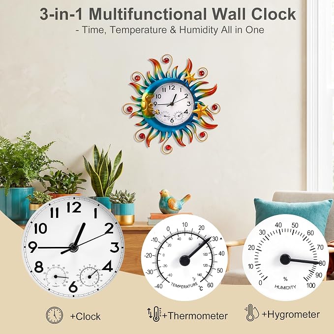 Sun and Moon Outdoor Clocks for Patio Waterproof, Outdoor Wall Clock Thermometer Combo, 13 Inch Silent Non-ticking Decorative Clock with Temperature, Decor for Garden, Living Room and Kitchen