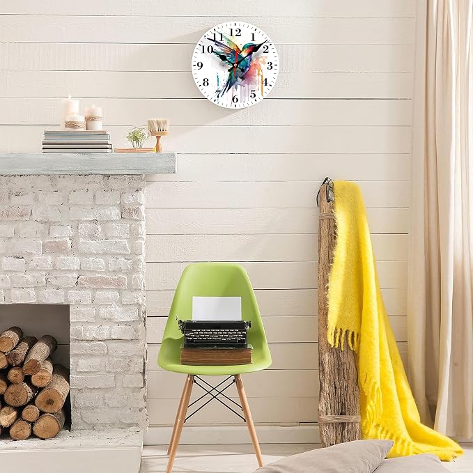 Wall Clocks Battery Operated, Watercolor Hummingbird Silent Non Ticking Decorative Indoor Outdoor Wall Clocks for Living Room Kitchen Bedroom Bathroom 12"