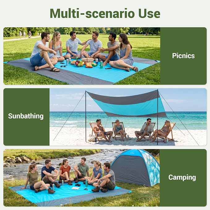 Wolfwise 78" × 81" XXL Beach Blanket, Waterproof & Sandproof Picnic Mat with 4 Sand Pockets & 4 Stakes, Windproof Outdoor Camping Beach Mat, Lightweight, Fits 4 People, Blue