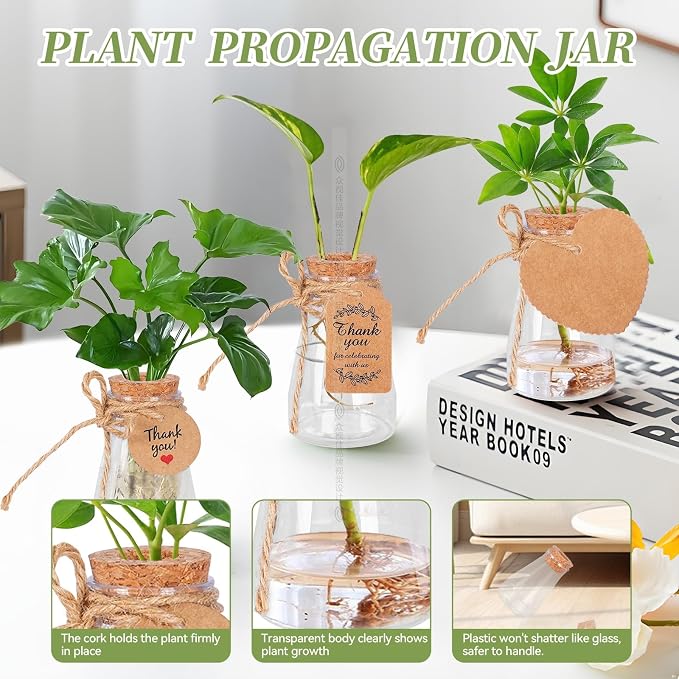 30 Pack Plant Propagation Stations, 3.35" Shatterproof Plastic Propagation Jars Clear Hydroponic Small Vases Hanging Planter Tubes with Hole Cork Lids & Tags for Plant Lovers Garden Gifts Office