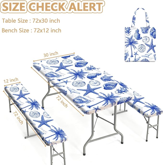 Picnic Table Cover with Bench Covers Elastic Edges, Outdoor Patio Camping Essentials 72 Inch 3PCS, Waterproof Camping Fitted Tablecloth with Handbags (Vintage ocean theme)