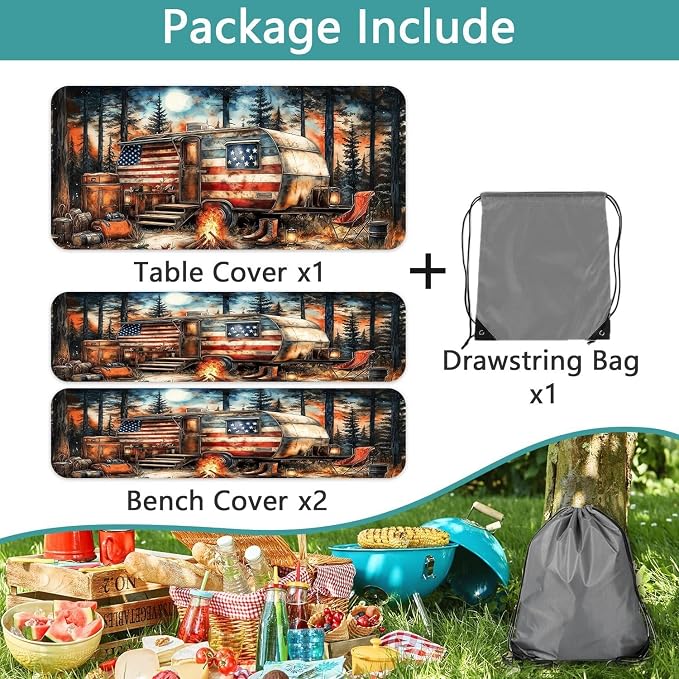 American Flag Picnic Table Cover with Table Cover, Elastic Tablecloth for Outdoor Picnic Tables, RV Camping Forest Design, Tablecloth for Camping, Barbecue and Terrace Dining, 30x96 Inch