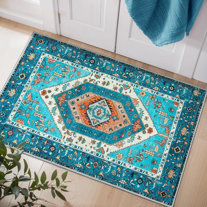 SERISSA 2x3 Washable Non Slip Boho Small Area Rug for Entryway，Blue | Ultra Soft Vintage Oriental Carpet Low-Pile Tribal Indoor Mat for Bedroom Kitchen Bathroom Entrance Floor
