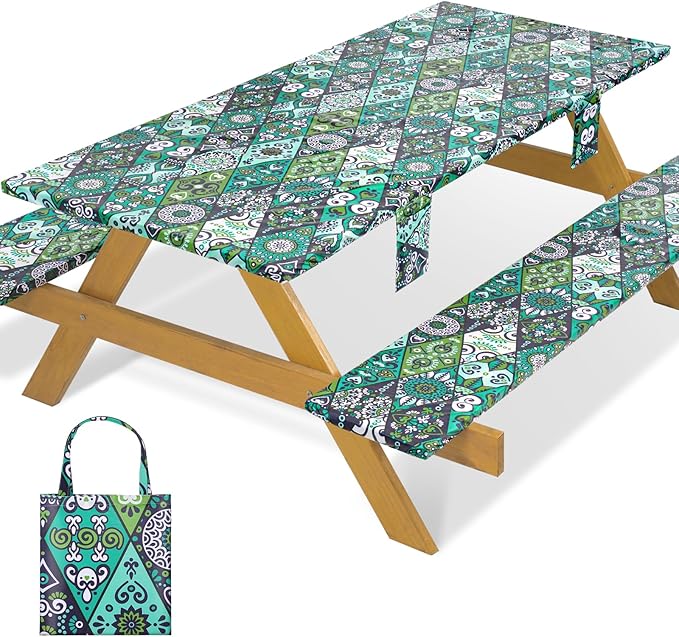 Fitted Waterproof Picnic Table Cover with Bench Covers Elastic 96×30In 3 Piece Camping Table Cloth for 8Ft Rectangle Tables Outdoor Camper Gifts Supplies Patio Rv Traveling Hiking Must Haves