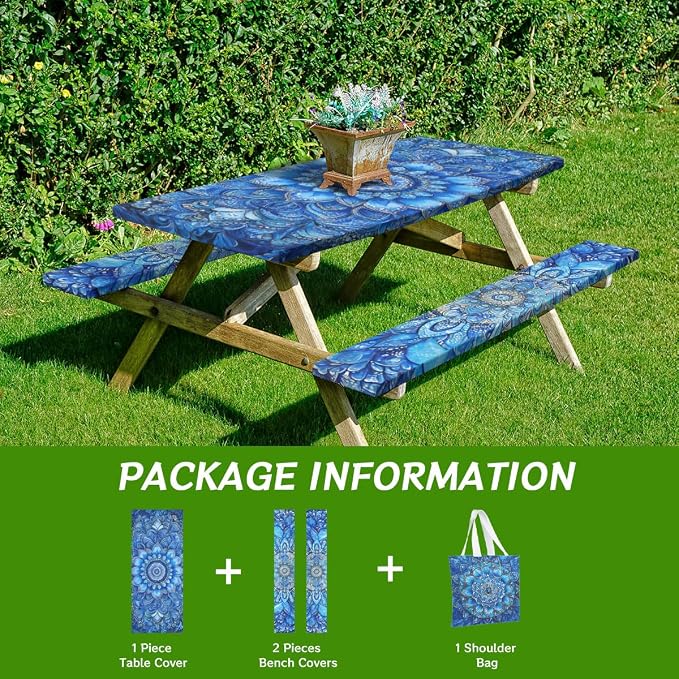Blue Mandala Picnic Table Cover with Bench Covers and Carrying Bag, Vintage Boho Floral Rectangle Table Cover Outdoor Patio Camping Essentials 72 inch 4PCS Camping Fitted Tablecloth