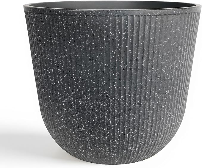 Worth Garden Round Large Planter Pot 1-Pack - 17.5" Dia x 15.5" H - Durable Plastic Grey Plant Tree Pots with Vertical Stripe Textured Finish, Drainage Hole for Indoor, Outdoor, Front Porch, Patio