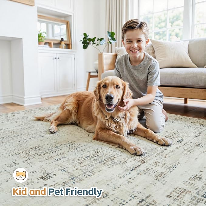 10x14 Washable Area Rug for Living Room Bedroom: Non-Slip Modern Gray White | Machine Washable TPR Backing, Stain-Resistant Low Pile, Pet & Kid Friendly, Abstract Decor for Dining Room, Dorm, Home Office