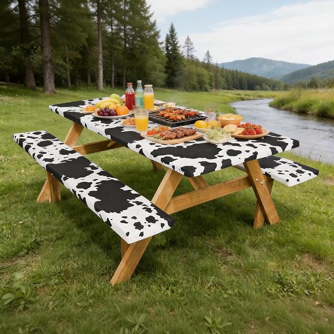 Picnic Table Cover with Bench Covers Camping Essentials Reusable Waterproof Windproof Camping Tablecloth Fitted Rectangle Tables and Seats, 72in, Black Cow Print