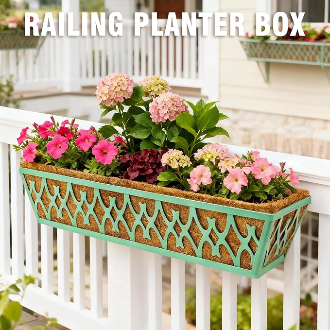 2 Pack 30 Inch Window Boxes Planters Railing Planter Box with Adjustable Brackets for Porch Fence Patio Balcony Hanging Flower Baskets with Coco Liners for Outdoor Garden Decor - Green