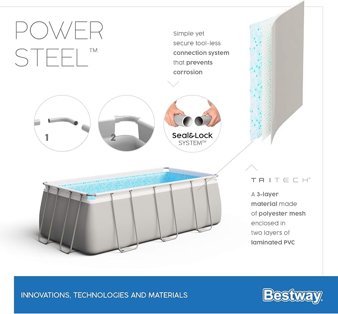 Bestway Power Steel Frame Pool-Set mit Sandfilteranlage 404 x 201 x 100 cm, lichtgrau, eckig