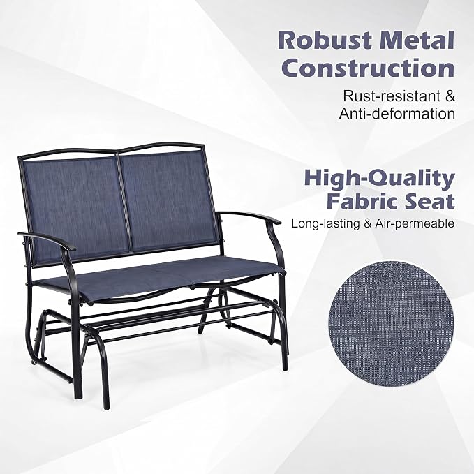 Tangkula 2-Person Patio Swing Glider Bench, Outdoor Rocker Glider Loveseat Chair W/Heavy-Duty Steel Frame, Breathable Seat Fabric, Rocking Lounge Chair for Poolside, Garden, Backyard (Dark Blue)