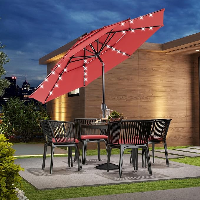 DUMOS Outdoor Solar Patio Umbrella 3 Tiers with 32 LED Lights, Beach Market Table Umbrella with Crank and 8 Sturdy Ribs for Pool, Terrace, Restaurant