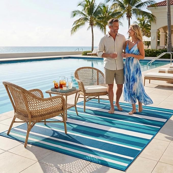 Outdoor Rug Camping Essentials - 4x6 FT Outdoor Plastic Straw Rug for Patio Clearance, Waterproof RV Essentials Outside Area Rug for Deck Garden, Backyard Patio Furniture Set, Blue White