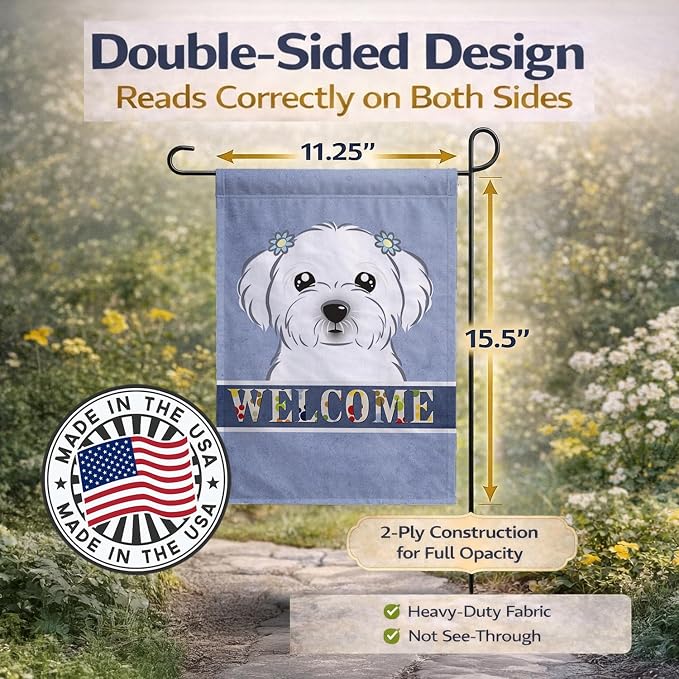 Caroline's Treasures BB1394GF Maltese Welcome Garden Flag, Blue Mailbox Flag Decorative Yard Flag Banner Outside Patio Artwork Yard Flower Beds, Garden Size, Multicolor