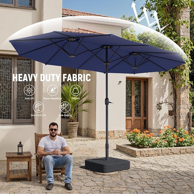15ft Large Outdoor Patio Umbrella, Double Sided Table Umbrella with Crank, 12 Steel Ribs Market Umbrella