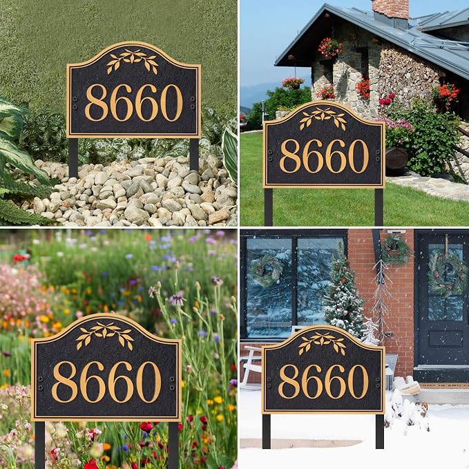 Yard Address Sign - Personalized Address Plaque,House Number Yard Sign,House Numbers for Outside,Lawn,Yard,Ground with 2 Stakes (Black/Gold)