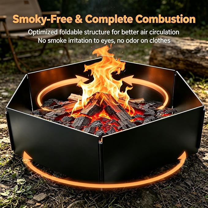 48 Inch Foldable Smokeless Fire Pit Ring, Heavy Duty Steel Fire Ring Liner Insert for Outdoor DIY Campfire Above or In-Ground, Anti-Rust Firepit for Backyard Camping Patio Bonfire