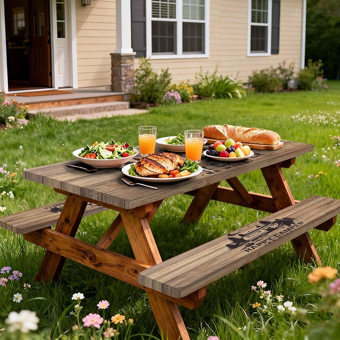 Picnic Table Cover with Bench Covers, Waterproof Windproof Fitted Outdoor Tablecloth with Elastic Rectangle Table Camping Must Haves Rv Accessories, 72in, Brown Wooden