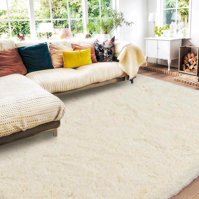 8x10 Area Rugs for Living Room, Large Ultra Fluffy Fuzzy Shag Cream Rug for Bedroom, Modern Plush Soft High Pile Upgrade Non-Slip Carpet for Kids Girls and Boys, Dorms, Home Decor Aesthetic