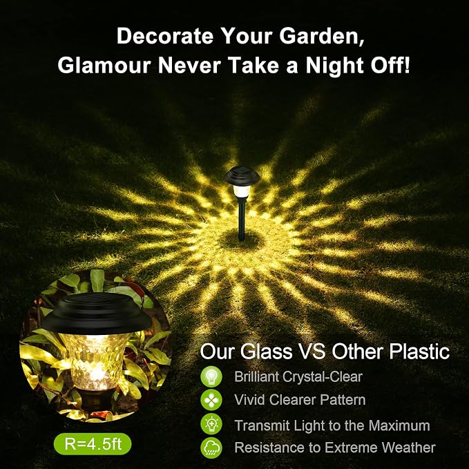 Glass Solar Lights Outdoor waterproof, 2 Pack Super Bright Solar Pathway Lights, Up to 12 Hrs Long Last Auto On/Off Garden Lights Solar Powered, Stainless Steel LED Light For Yard Landscape Warm White