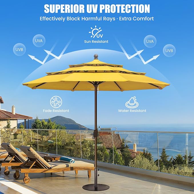 EliteShade USA 10-Year-Non-Fading 11ft 3-Tier Market Patio Umbrella, Commercial Grade Outdoor Table Umbrella with Crank Open, Windproof & UPF 50+ UV Protection, Heavy Duty Ventilation for Garden, Deck, Pool, Backyard, Beach & Bistro, No Tilt, Sunflower...