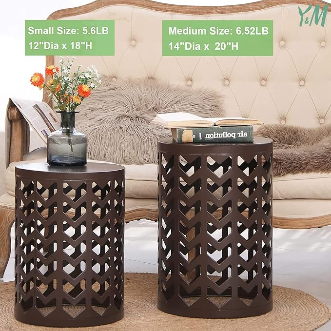 Y&M Outdoor Side Tables Set of 3, Round Heavy Duty Metal Nesting End Tables, Stacking Patio Accent Tables for Outside, Balcony, Garden, Porch, Indoor & Outdoor, Brown