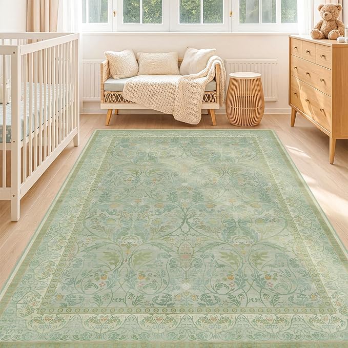 5x8 Sage Green Nursery Area Rug Non Slip, Soft Washable Rugs for Living Room, Bedroom, Kids Room, Playroom, Dorm, Mint Green Accent French Country Cottage Core Style Decor Indoor Carpet