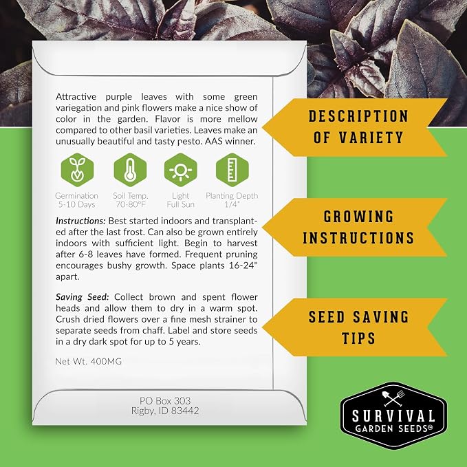 Opal Basil Seeds for Planting - Survival Garden Seeds (5 Pack) | Dark Purple, Nearly Black Leaves - Unique Herb Seed Variety - Heirloom, Non-GMO Herbs for Home Gardens