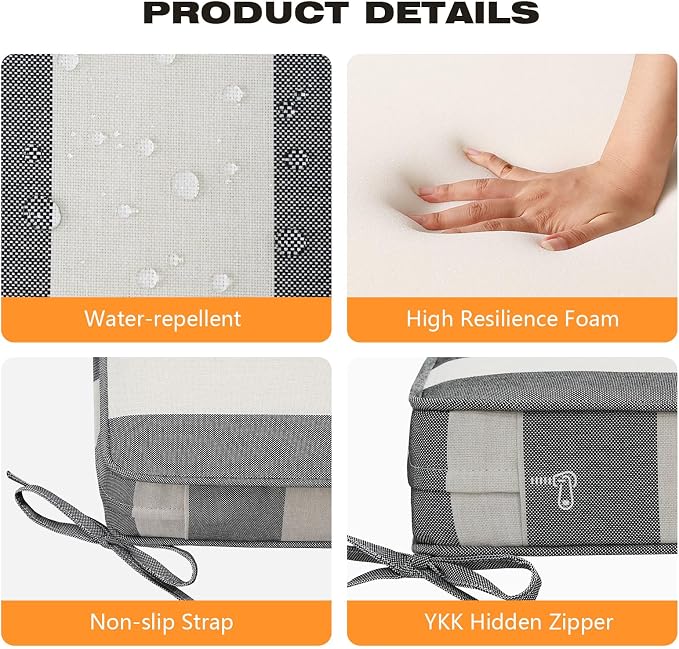 Unimatta Square Corner Seat Cushions, 19" x 19" x 3", Set of 4, Indoor Outdoor Water Repellent Universal Chair Pads with Ties for Patio Furniture, Garden Deck Dining Chairs, Gray Stripe
