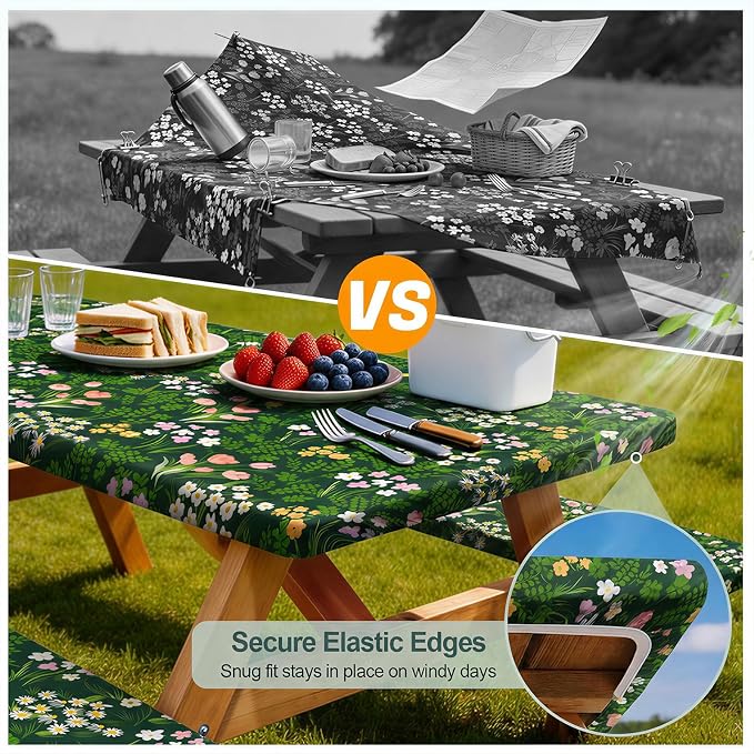 Play Tailor Picnic Table Cover with Bench Covers Camping Essentials Waterproof Windproof Camping Tablecloth with Drawstring Bag, Fitted Rectangle Tables and Seats, 72in, Green Pink