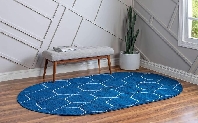 Unique Loom Trellis Frieze Collection Area Rug - Geometric (4' x 6' Oval, Navy Blue/ Ivory)