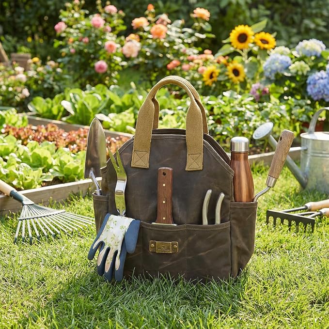 Waxed Canvas Garden Tool Bag Heavy Duty Yard Storage Florist Tote Organizer | Multipurpose, Waterproof Work Caddy Carrier, 5 Interior and 6 Exterior Pockets , Tools Storage for Gardener DIYer Workshop