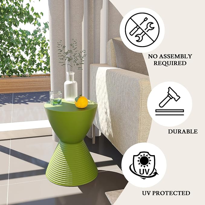 LeisureMod Green Hourglass Side Table with Storage – Modern Ribbed Drum End Table, Removable Lid, Compact Accent Table for Indoor/Outdoor Use
