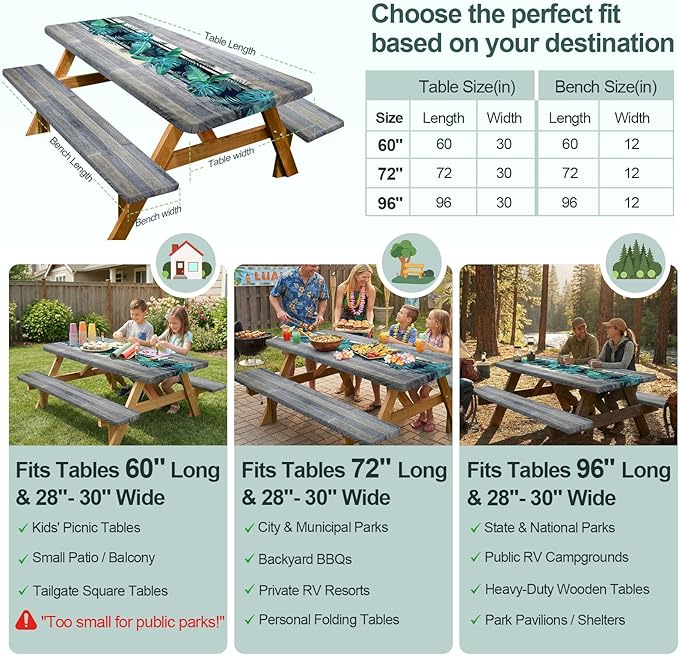 Play Tailor Picnic Table Cover with Bench Covers Camping Essentials Waterproof Windproof Camping Tablecloth with Drawstring Bag, Fitted Rectangle Tables and Seats, 72in, Palm Leaf
