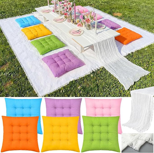 8 Pcs Fit for 6 People 91 x 71'' Extra Large Outdoor Picnic Blanket with Bright Table Runner and Floor Pillow Cushion Fit for 6 People Picnic Wedding Birthday Baby Shower Backyard Decor