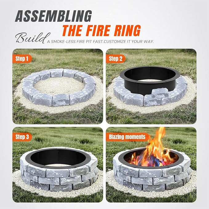 INNOSTAGE 28 Inch Fire Pit Ring (33 Inch Outer), Heavy Duty Steel Fire Ring for Outside, Large Round Fire Pit Insert, DIY Camping Fire Ring, Above or In-Ground, Black Carbon for Backyard Patio Bonfire