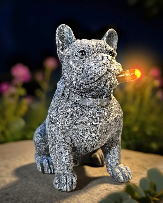 Dog Solar Garden Statue with LED Light - Outdoor Yard, Lawn, Patio French Bulldog Decor - Unique Birthday Housewarming Gift for Dad, Mom, Men, Women