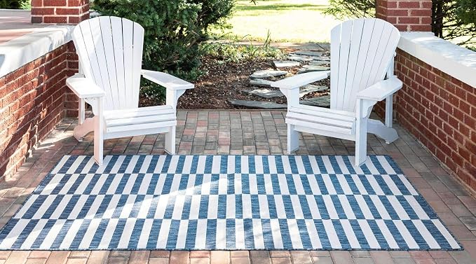 Unique Loom Outdoor Striped Collection Area Rug - Striped (5' 1" x 8' Rectangle, Blue/Ivory)