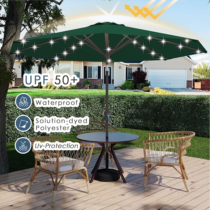 9FT Patio Umbrella with Solar Lights,Outdoor Market Umbrella with Tilt and Crank, LED Lighted Table Umbrella for Garden,Deck,Backyard,Pool,Beach (Dark Green)
