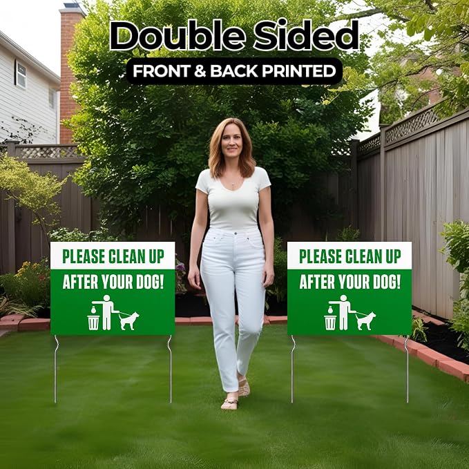 Please Clean Up After Your Dog! Yard Sign by DC | 24"x18" Double Sided Pets Garden Sign with 13” Metal Stakes | Outdoor Signs Waterproof for Lawn, Patio, Sidewalk & House | Set of 1 | Made in USA