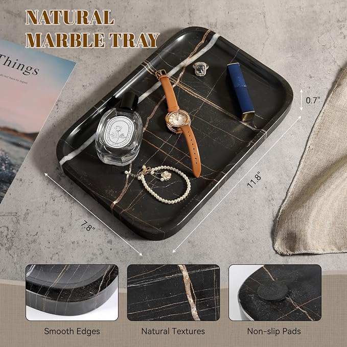 Koville Marble Tray, 12"x8" Natural Marble Vanity Tray for Countertop Bathroom Kitchen Dresser, Decorative Catchall Trays for Perfume Jewelry, Rectangular Stone Serving Tray(Black)