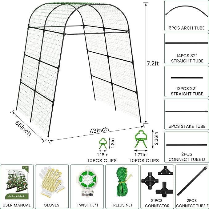 Heavy Duty Garden Arch Trellis for Climbing Plants, 20mm Thick Rustproof Metal Frame, Easy Assembly No Tools, 7.2ft Tall Vine Support with Netting & Gloves for Cucumbers Beans Roses