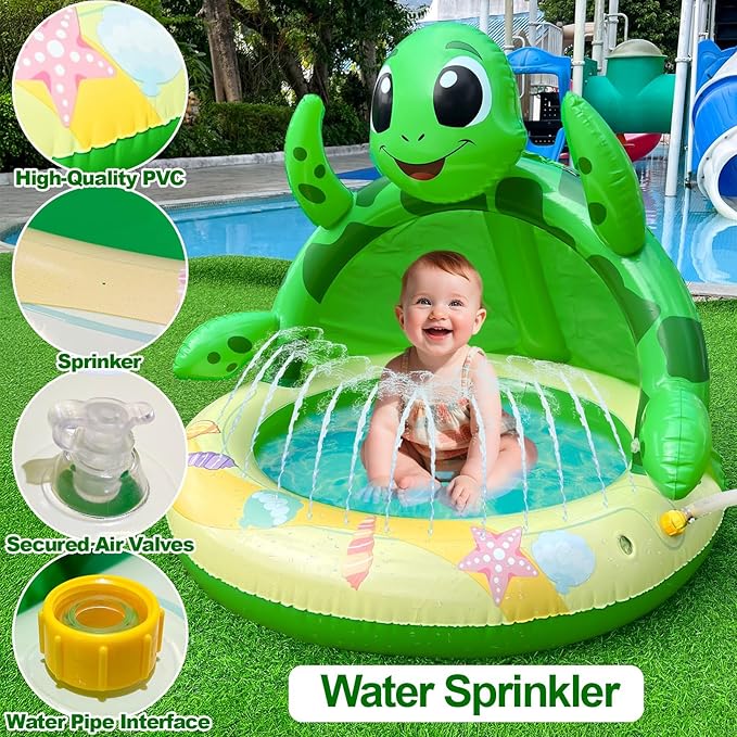 Baby Pool with Canopy,Toddler Sprinkler Water Play Mat for Age 6-36 Months | Turtle Inflatable Kiddie Pool Baby Pool Float Sprinkler for Kids Outdoor Water Toys,Summer Play Center Backyard Water Games