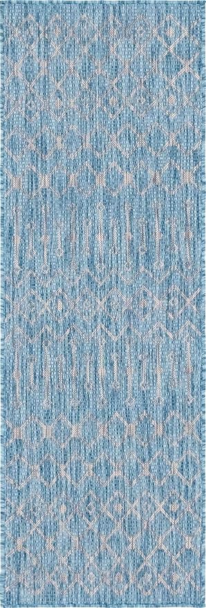 Unique Loom Outdoor Trellis Collection Area Rug - Tribal Trellis (2' x 6' 1" Runner, Aqua/ Ivory)